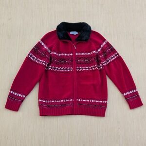 Carolyn Taylor Red Christmas Fair Isle Knit Faux Fur Zipper Jacket Womens Medium